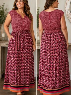 Taylor Woman Faux Wrap Maxi Dress Pink Geo Print Tie Waist Plus 2X lined
